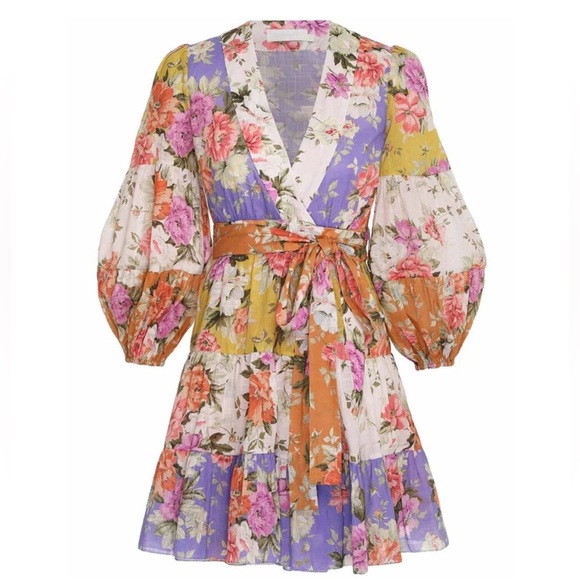 Zimmermann Dresses & Skirts - Zimmermann Pattie Wrap Mini Dress Spliced Floral Print Patchwork Cotton 4